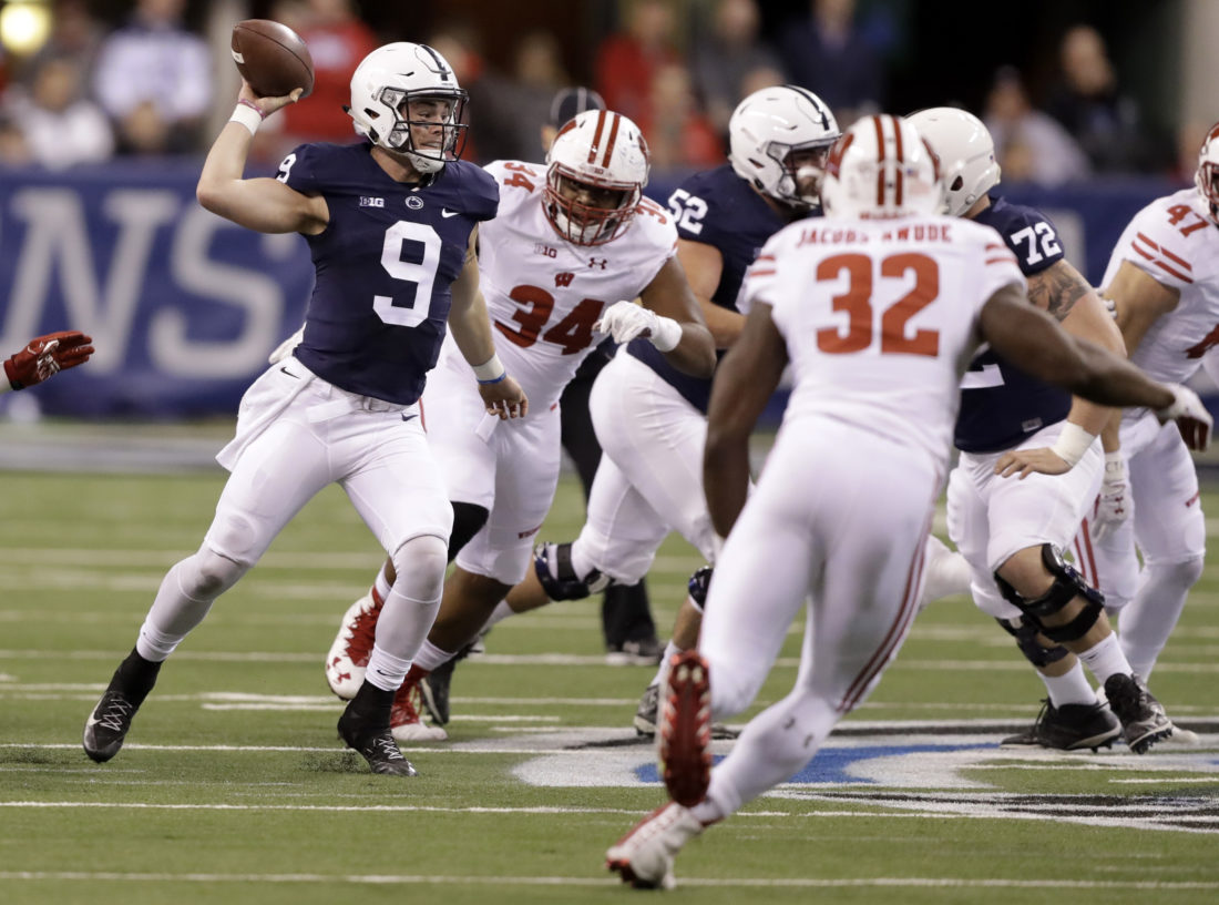 Penn State University QB McSorley throws deep, and swings for the
